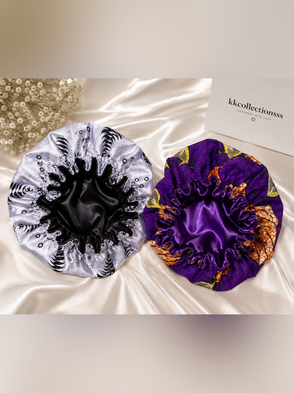Reversible Satin Sleep Bonnet - White & Purple Pattern